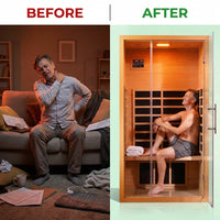 1 Person Extendable FAR Infrared Sauna for Home, Hemlock Wood Low EMF 6 Carbon Heaters Indoor Saunas with LED Lights, Bluetooth Speaker, Digital Control Panel, and Seating Bench — Before & After