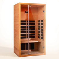 1 Person Extendable FAR Infrared Sauna for Home, Hemlock Wood Low EMF 6 Carbon Heaters Indoor Saunas with LED Lights, Bluetooth Speaker, Digital Control Panel, and Seating Bench — Studio Shot