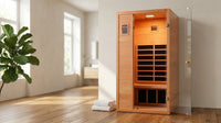 1 Person Extendable FAR Infrared Sauna for Home, Hemlock Wood Low EMF 6 Carbon Heaters Indoor Saunas with LED Lights, Bluetooth Speaker, Digital Control Panel, and Seating Bench — Lifestyle