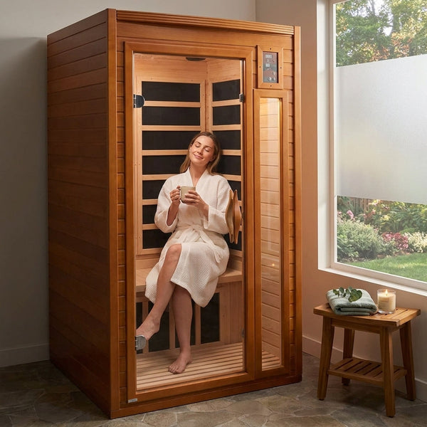 Home Infrared Sauna Built for Daily Wellness, Canadian Hemlock Wood, Low EMF Carbon Panels, 1-2 Person